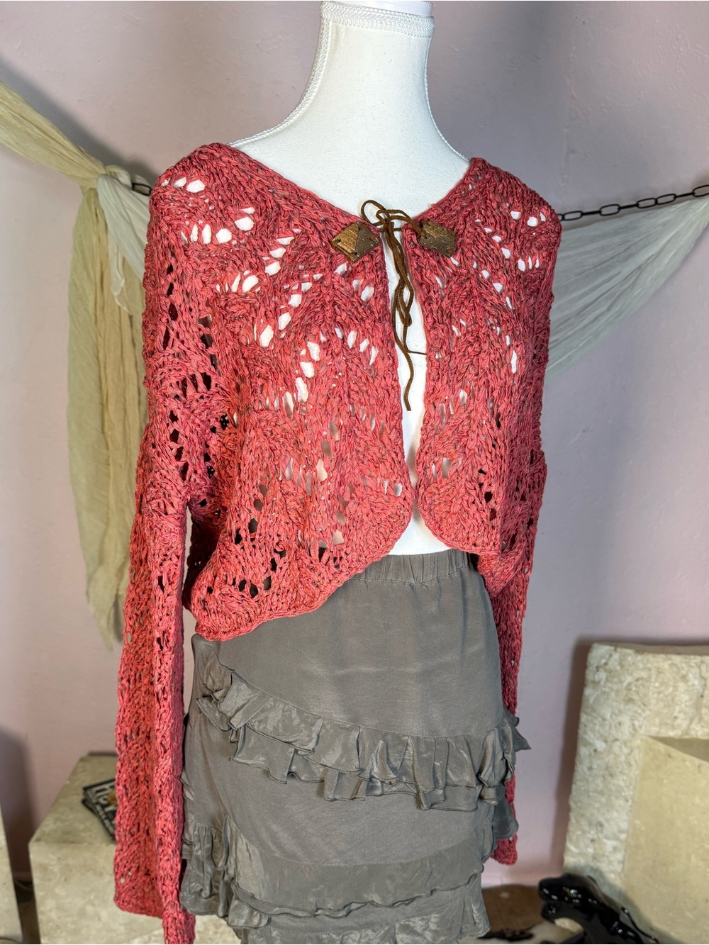 Y2K Coral Open Knit Tie Front Bell Sleeve Cardigan Size L
